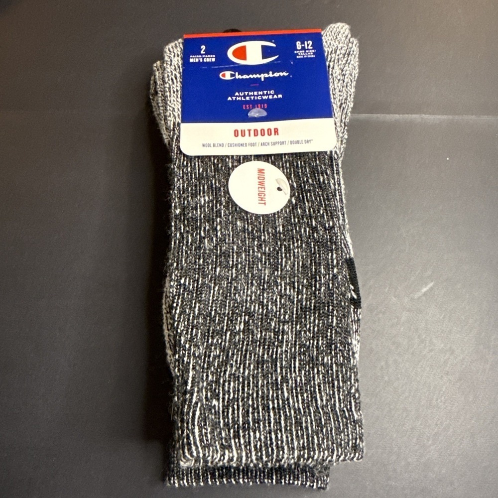 NEW 2 PAIRS PACK MENS CHAMPION MID WEIGHT OUTDOOR WOOL BLEND CREW SOCKS 6-12